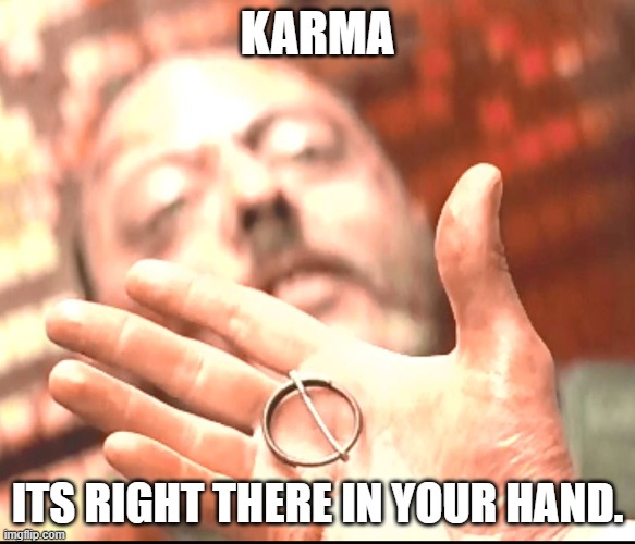 Karma in your hand | KARMA; ITS RIGHT THERE IN YOUR HAND. | image tagged in leon,karma,instant karma | made w/ Imgflip meme maker