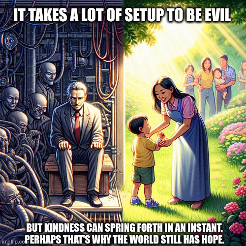 The Effortless Bloom of Hope | IT TAKES A LOT OF SETUP TO BE EVIL; BUT KINDNESS CAN SPRING FORTH IN AN INSTANT. PERHAPS THAT'S WHY THE WORLD STILL HAS HOPE. | image tagged in it takes a lot of setup to be evil but kindness can spring fort | made w/ Imgflip meme maker