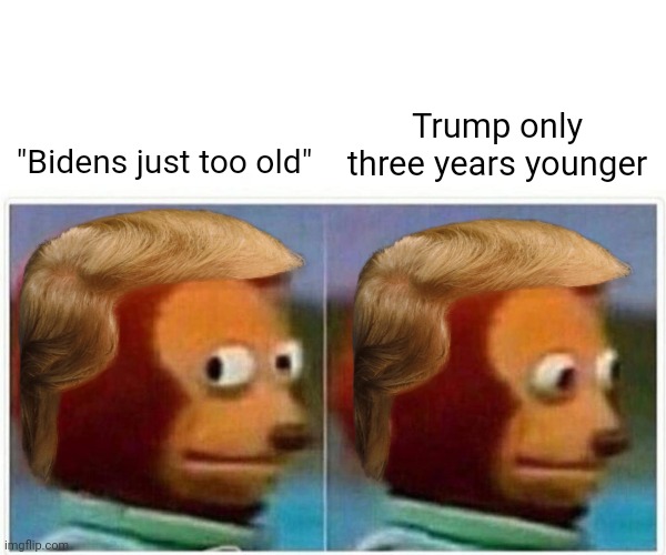 Too old | Trump only three years younger; "Bidens just too old" | image tagged in memes,monkey puppet | made w/ Imgflip meme maker