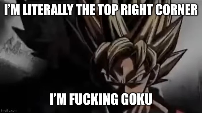 Goku Staring | I’M LITERALLY THE TOP RIGHT CORNER I’M FUCKING GOKU | image tagged in goku staring | made w/ Imgflip meme maker