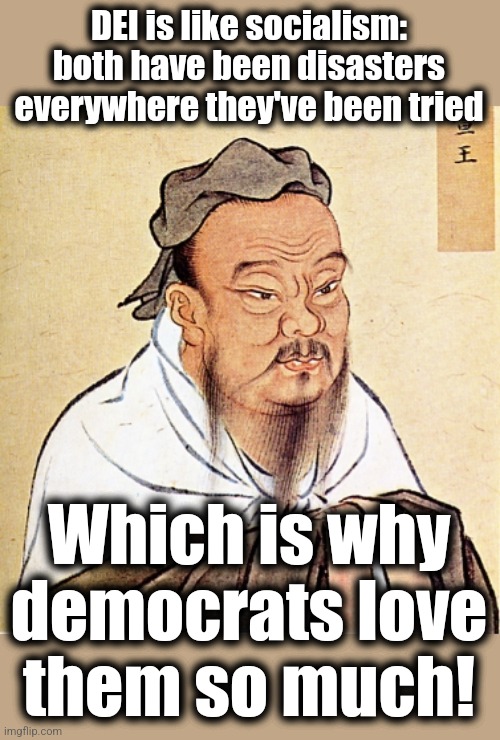 Confucius Says | DEI is like socialism: both have been disasters everywhere they've been tried; Which is why
democrats love
them so much! | image tagged in confucius says,dei,democrats,kamala harris,joe biden,socialism | made w/ Imgflip meme maker