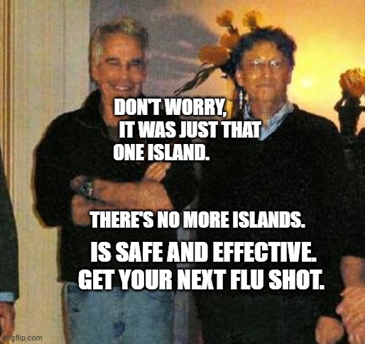 epstein and gates | DON'T WORRY,            IT WAS JUST THAT ONE ISLAND.                                               
           THERE'S NO MORE ISLANDS. IS SAFE AND EFFECTIVE. GET YOUR NEXT FLU SHOT. | image tagged in epstein and gates | made w/ Imgflip meme maker