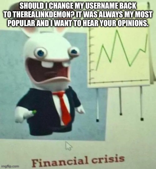 Financial crisis | SHOULD I CHANGE MY USERNAME BACK TO THEREALINKDEMON? IT WAS ALWAYS MY MOST POPULAR AND I WANT TO HEAR YOUR OPINIONS. | image tagged in financial crisis | made w/ Imgflip meme maker