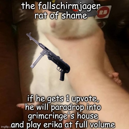 Grabbing a fat rat | the fallschirmjager rat of shame; if he gets 1 upvote, he will paradrop into grimcringe's house and play erika at full volume | image tagged in grabbing a fat rat | made w/ Imgflip meme maker