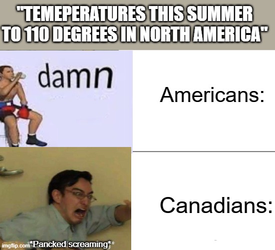 "WE'RE ALL GONNA DIE!!!!!!" | "TEMEPERATURES THIS SUMMER TO 110 DEGREES IN NORTH AMERICA"; Americans:; Canadians:; *Pancked screaming* | image tagged in memes,weather,hot weather,funny | made w/ Imgflip meme maker