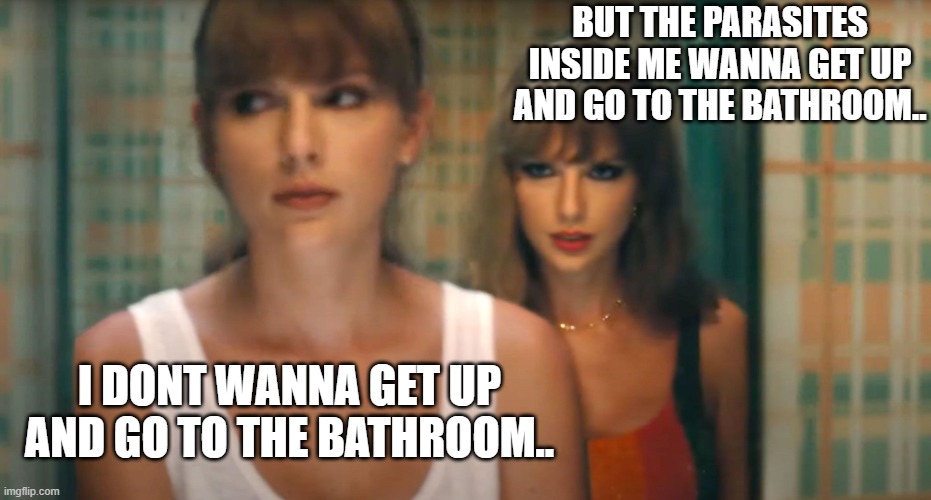 SO REAL | BUT THE PARASITES INSIDE ME WANNA GET UP AND GO TO THE BATHROOM.. I DONT WANNA GET UP AND GO TO THE BATHROOM.. | image tagged in anti hero taylor swift,taylor swift,the parasites inside me,parasite,lol | made w/ Imgflip meme maker