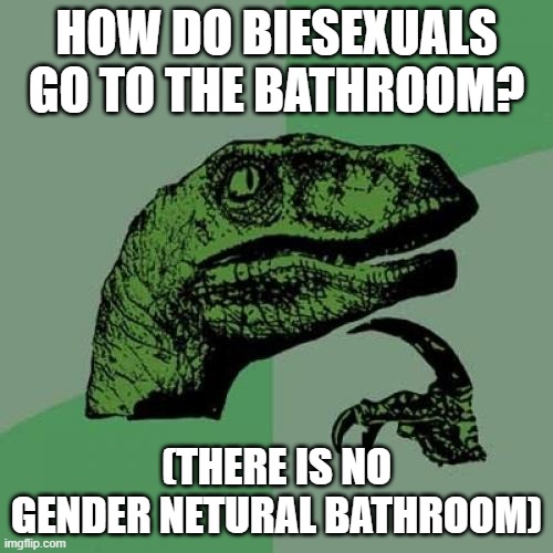 Philosoraptor Meme | HOW DO BIESEXUALS GO TO THE BATHROOM? (THERE IS NO GENDER NETURAL BATHROOM) | image tagged in memes,philosoraptor | made w/ Imgflip meme maker