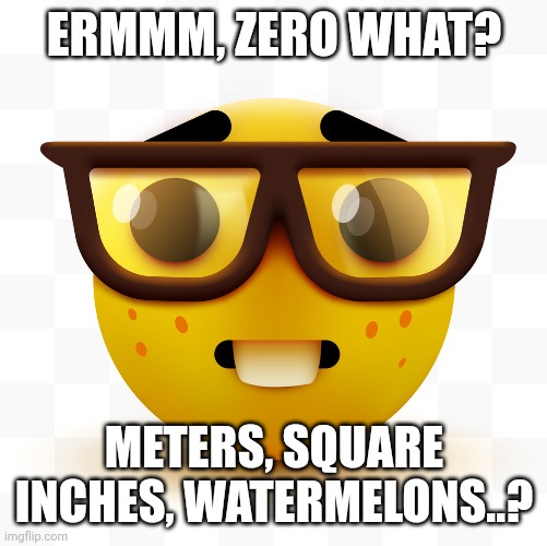 Nerd emoji | ERMMM, ZERO WHAT? METERS, SQUARE INCHES, WATERMELONS..? | image tagged in nerd emoji | made w/ Imgflip meme maker