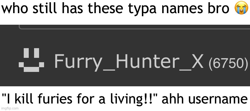 who still has these typa names bro 😭; "I kill furies for a living!!" ahh username | made w/ Imgflip meme maker