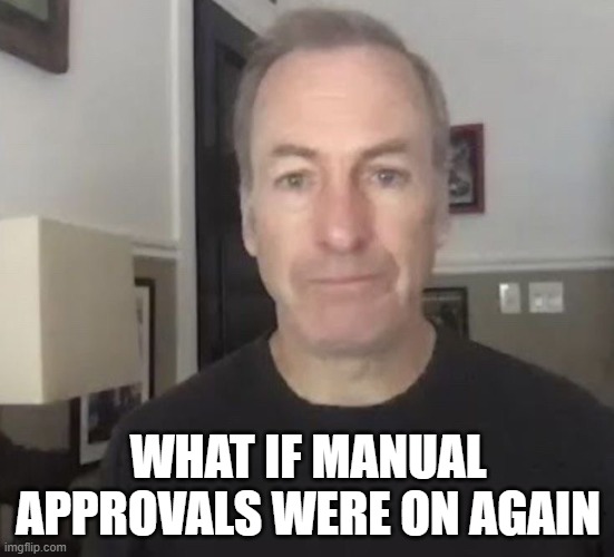 jus wonderin what are your thought abt it | WHAT IF MANUAL APPROVALS WERE ON AGAIN | image tagged in erm okay | made w/ Imgflip meme maker