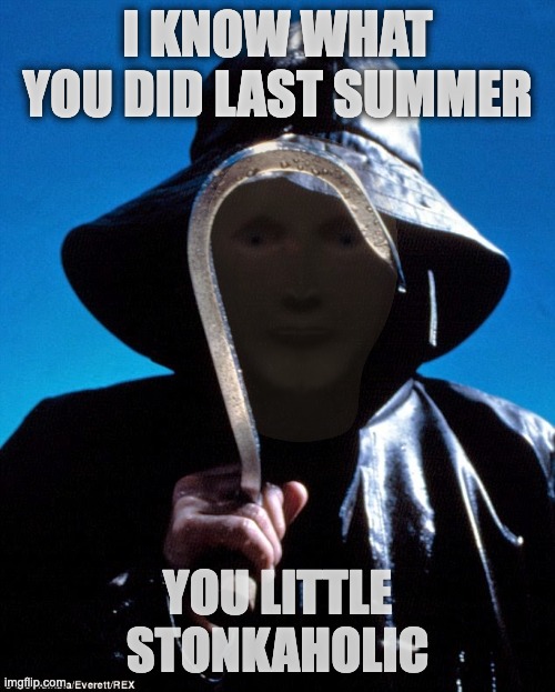 I Know What You Did Last Summer | I KNOW WHAT YOU DID LAST SUMMER; YOU LITTLE STONKAHOLIC | image tagged in i know what you did last summer,stonks,mememan,stonk,memecoin,cryptocurrency | made w/ Imgflip meme maker
