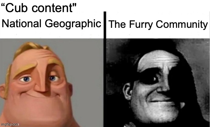 NatGEO: “Yes.” The furries: “Allow us to explain" | “Cub content"; National Geographic; The Furry Community | image tagged in memes,unfunny,child c0rn,why does this exist | made w/ Imgflip meme maker