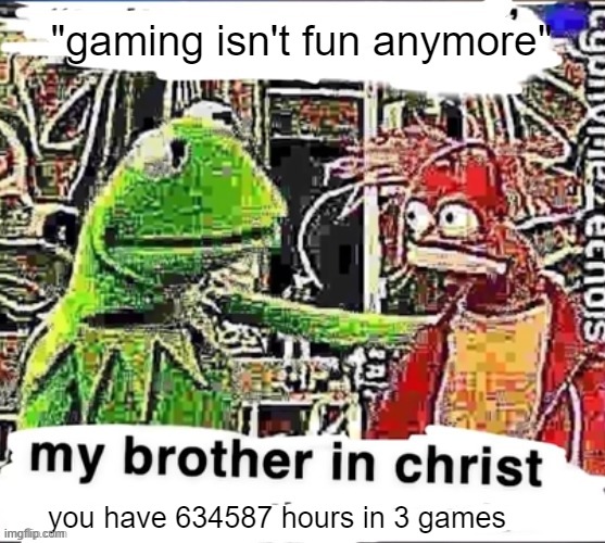 My brother in Christ | "gaming isn't fun anymore"; you have 634587 hours in 3 games | image tagged in my brother in christ | made w/ Imgflip meme maker