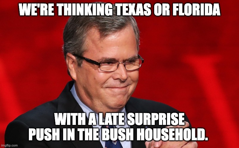 WE'RE THINKING TEXAS OR FLORIDA; WITH A LATE SURPRISE PUSH IN THE BUSH HOUSEHOLD. | image tagged in longhorns,gators | made w/ Imgflip meme maker