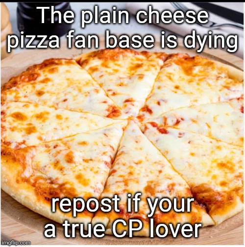Pizza | The plain cheese pizza fan base is dying; repost if your a true CP lover | image tagged in pizza | made w/ Imgflip meme maker