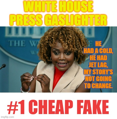 #1 Cheap Fake | WHITE HOUSE PRESS GASLIGHTER; HE HAD A COLD, HE HAD JET LAG, MY STORY'S NOT GOING TO CHANGE. #1 CHEAP FAKE | image tagged in memes,politics,press secretary,cold,jet,lag | made w/ Imgflip meme maker