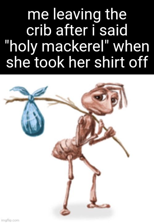 . | me leaving the crib after i said "holy mackerel" when she took her shirt off | image tagged in ant holding stick | made w/ Imgflip meme maker