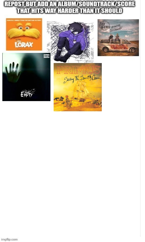 I put Sailing the Seas of Cheese by Primus. Quirky vocal delivery and amazing musicianship | made w/ Imgflip meme maker