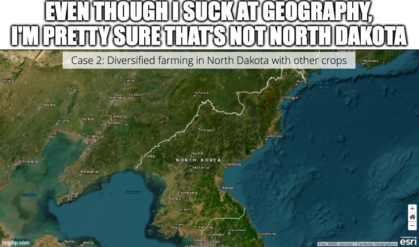 Can someone whose good at geography help me out? | EVEN THOUGH I SUCK AT GEOGRAPHY, I'M PRETTY SURE THAT'S NOT NORTH DAKOTA | image tagged in north korea | made w/ Imgflip meme maker