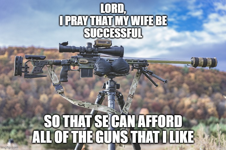 I like guns! | LORD,
I PRAY THAT MY WIFE BE
SUCCESSFUL; SO THAT SE CAN AFFORD
ALL OF THE GUNS THAT I LIKE | made w/ Imgflip meme maker