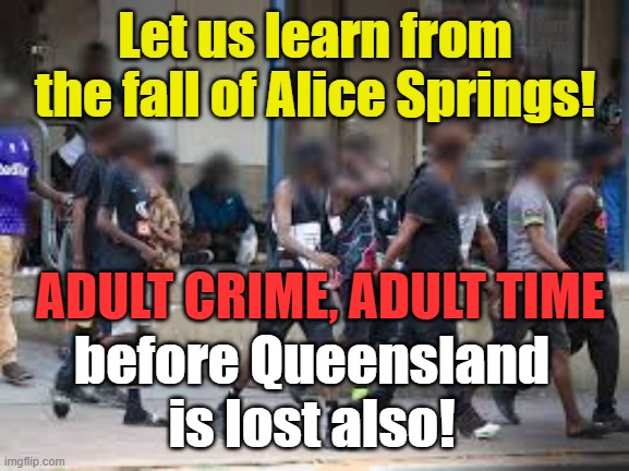 Adult crime, adult time, sounds fair to me! | Yarra Man; Let us learn from the fall of Alice Springs! ADULT CRIME, ADULT TIME; before Queensland is lost also! | image tagged in alice spings,aboriginal,queensland,labor,progresive,left | made w/ Imgflip meme maker