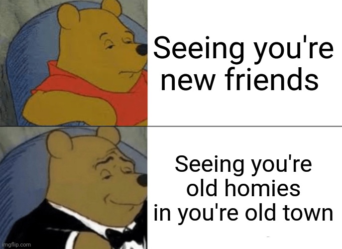 Tuxedo Winnie The Pooh | Seeing you're new friends; Seeing you're old homies in you're old town | image tagged in memes,tuxedo winnie the pooh | made w/ Imgflip meme maker