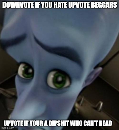 Downvote if you hate upvote beggars | DOWNVOTE IF YOU HATE UPVOTE BEGGARS; UPVOTE IF YOUR A DIPSHIT WHO CAN'T READ | image tagged in megamind no bitches,downvote | made w/ Imgflip meme maker