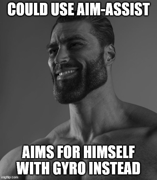 Giga Chad | COULD USE AIM-ASSIST; AIMS FOR HIMSELF WITH GYRO INSTEAD | image tagged in giga chad | made w/ Imgflip meme maker