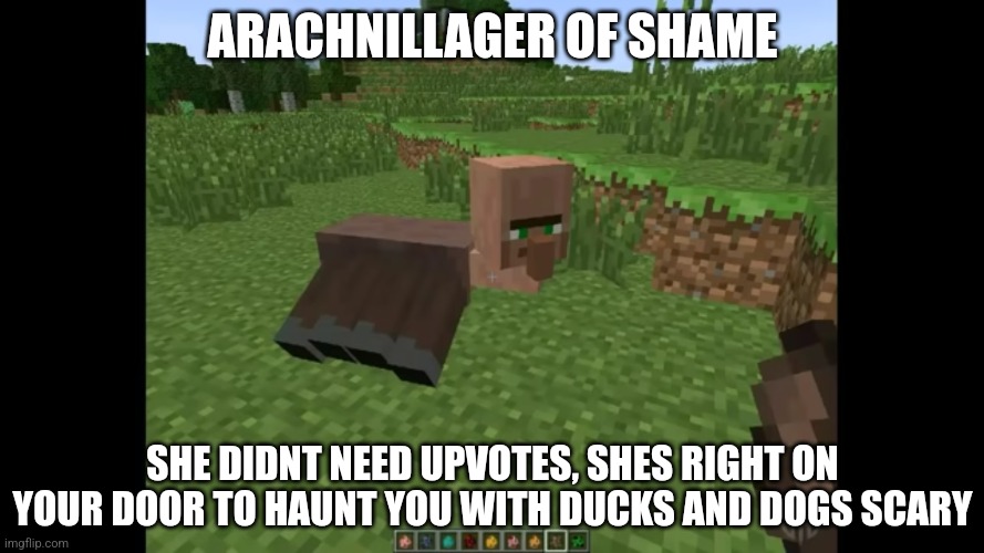 cursed villager | ARACHNILLAGER OF SHAME; SHE DIDNT NEED UPVOTES, SHES RIGHT ON YOUR DOOR TO HAUNT YOU WITH DUCKS AND DOGS SCARY | image tagged in cursed villager | made w/ Imgflip meme maker