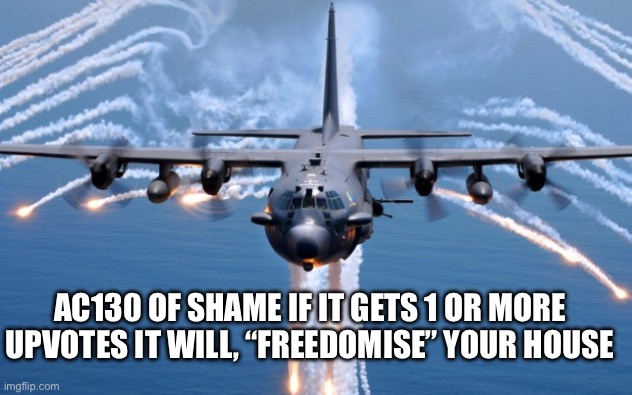 AC130 Gunship | AC130 OF SHAME IF IT GETS 1 OR MORE UPVOTES IT WILL, “FREEDOMISE” YOUR HOUSE | image tagged in ac130 gunship | made w/ Imgflip meme maker
