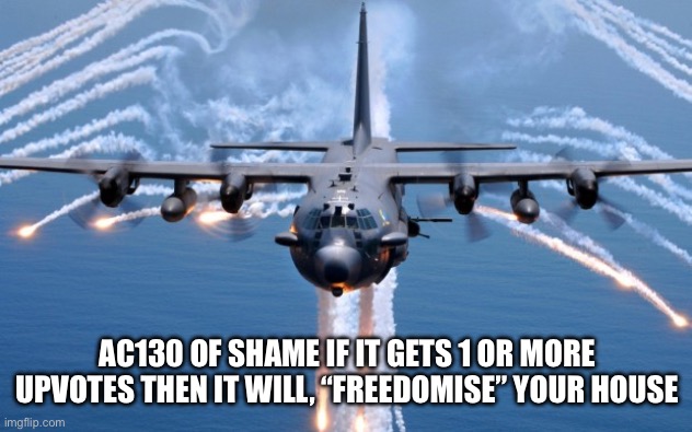 AC130 Gunship | AC130 OF SHAME IF IT GETS 1 OR MORE UPVOTES THEN IT WILL, “FREEDOMISE” YOUR HOUSE | image tagged in ac130 gunship | made w/ Imgflip meme maker