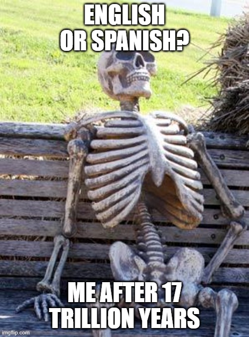 Waiting Skeleton Meme | ENGLISH OR SPANISH? ME AFTER 17 TRILLION YEARS | image tagged in memes,waiting skeleton | made w/ Imgflip meme maker