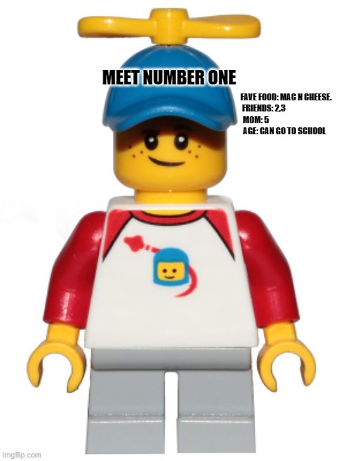 MEET NUMBER ONE; FAVE FOOD: MAC N CHEESE. 
FRIENDS: 2,3                             
MOM: 5                                       
AGE: CAN GO TO SCHOOL | made w/ Imgflip meme maker