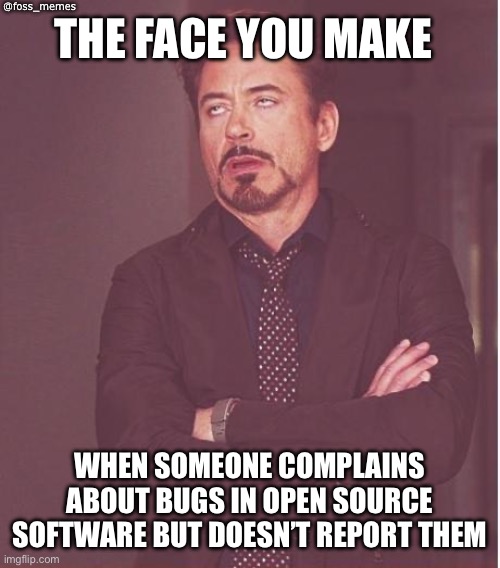 Report bugs! | @foss_memes; THE FACE YOU MAKE; WHEN SOMEONE COMPLAINS ABOUT BUGS IN OPEN SOURCE SOFTWARE BUT DOESN’T REPORT THEM | image tagged in memes,face you make robert downey jr | made w/ Imgflip meme maker