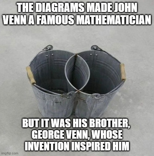 The truth about Venn Diagrams | THE DIAGRAMS MADE JOHN VENN A FAMOUS MATHEMATICIAN; BUT IT WAS HIS BROTHER, 
GEORGE VENN, WHOSE
INVENTION INSPIRED HIM | image tagged in john venn,venn diagram,george venn,buckets | made w/ Imgflip meme maker