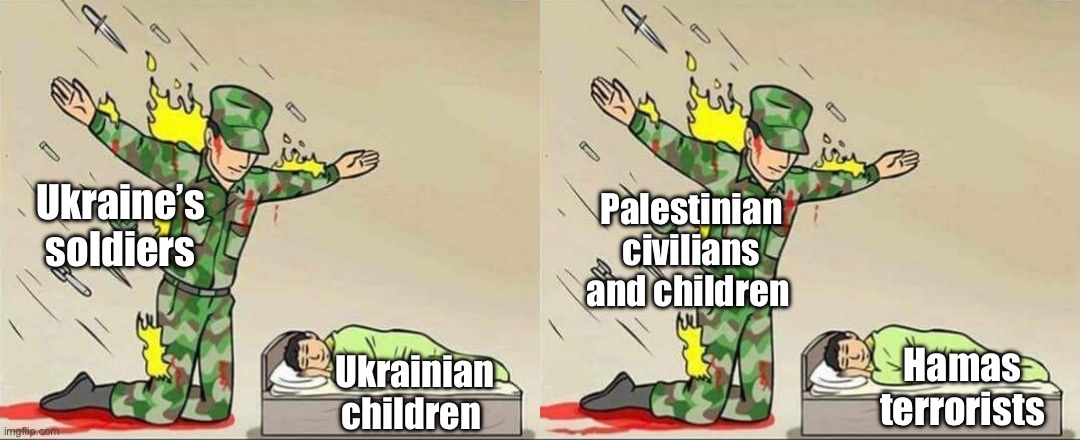 Not the same | Ukraine’s soldiers; Palestinian civilians and children; Ukrainian children; Hamas terrorists | image tagged in soldier protecting sleeping child,palestine,hamas,russo-ukrainian war | made w/ Imgflip meme maker