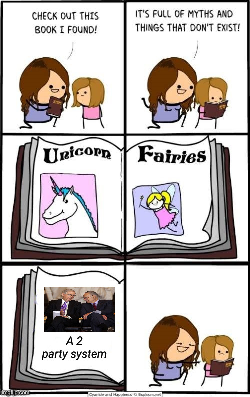 Fantasy Land | A 2 party system | image tagged in book of myths and things that dont exist,political meme,politics,funny memes,funny | made w/ Imgflip meme maker