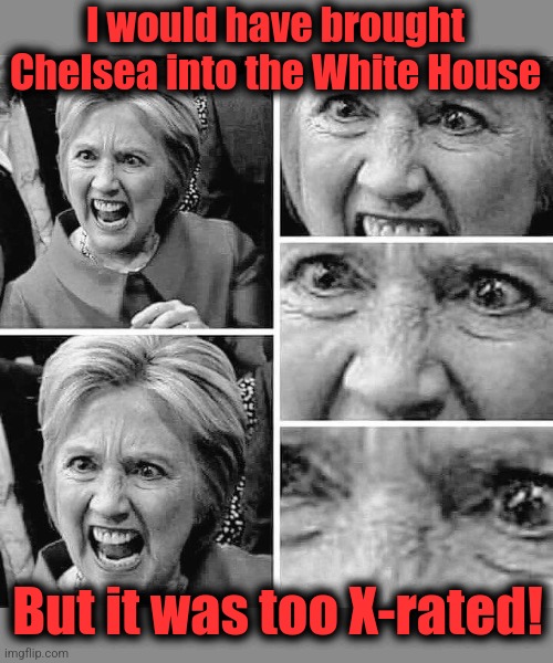 Hillary clinton angry rage mental insane mafia | I would have brought Chelsea into the White House But it was too X-rated! | image tagged in hillary clinton angry rage mental insane mafia | made w/ Imgflip meme maker