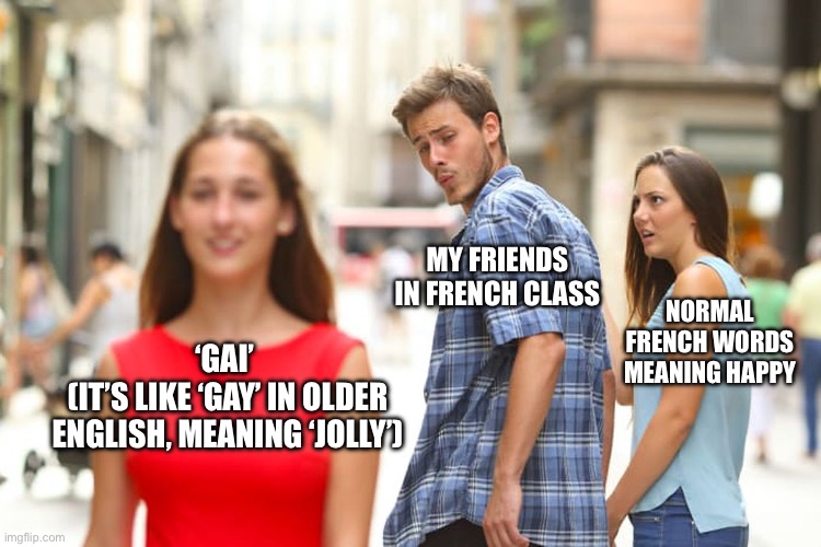 ‘you’re “gai”’ ‘that’s offensive’ ‘AcKshUaLLy iT mEAns HaPpY’ | MY FRIENDS IN FRENCH CLASS; NORMAL FRENCH WORDS MEANING HAPPY; ‘GAI’ 
(IT’S LIKE ‘GAY’ IN OLDER ENGLISH, MEANING ‘JOLLY’) | image tagged in memes,distracted boyfriend,french,language | made w/ Imgflip meme maker