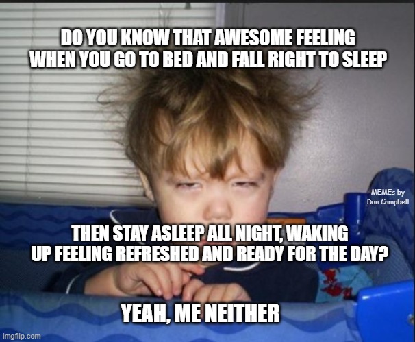 Tired child | DO YOU KNOW THAT AWESOME FEELING WHEN YOU GO TO BED AND FALL RIGHT TO SLEEP; MEMEs by Dan Campbell; THEN STAY ASLEEP ALL NIGHT, WAKING UP FEELING REFRESHED AND READY FOR THE DAY? YEAH, ME NEITHER | image tagged in tired child | made w/ Imgflip meme maker