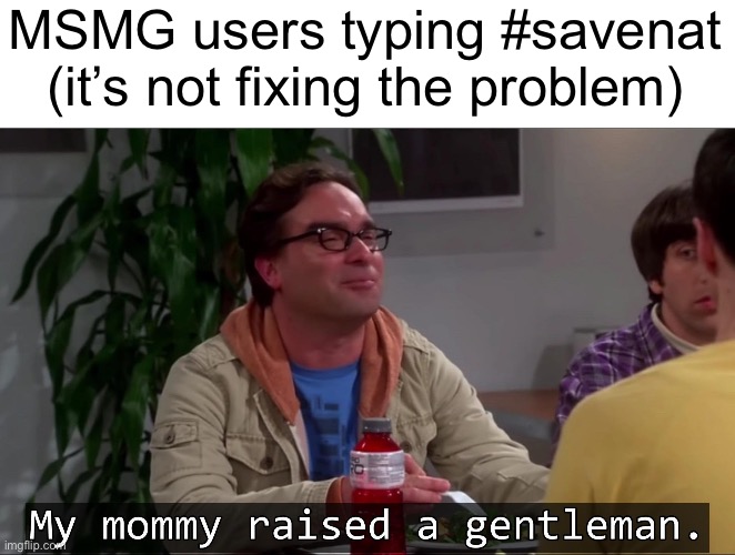 My mommy raised a gentleman | MSMG users typing #savenat (it’s not fixing the problem) | image tagged in my mommy raised a gentleman | made w/ Imgflip meme maker