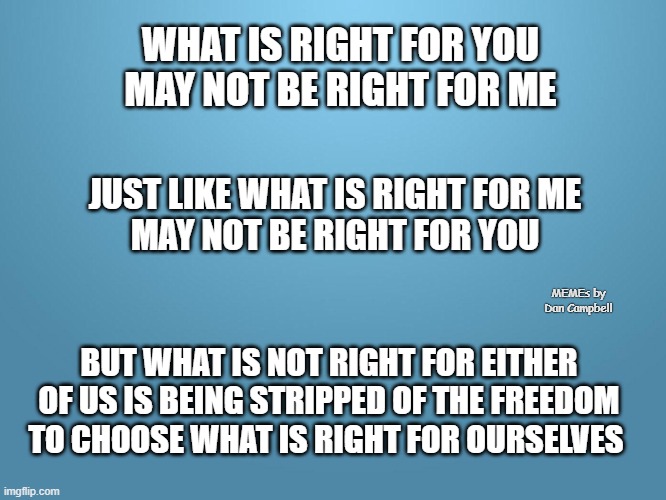 solid blue | WHAT IS RIGHT FOR YOU
MAY NOT BE RIGHT FOR ME; JUST LIKE WHAT IS RIGHT FOR ME
MAY NOT BE RIGHT FOR YOU; MEMEs by Dan Campbell; BUT WHAT IS NOT RIGHT FOR EITHER OF US IS BEING STRIPPED OF THE FREEDOM TO CHOOSE WHAT IS RIGHT FOR OURSELVES | image tagged in solid blue | made w/ Imgflip meme maker