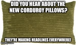 DID YOU HEAR ABOUT THE NEW CORDUROY PILLOWS? THEY'RE MAKING HEADLINES EVERYWHERE! | image tagged in pillow | made w/ Imgflip meme maker