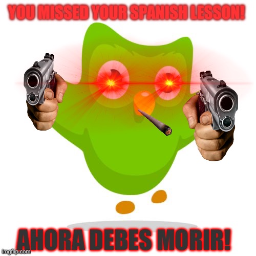 things duolingo teaches you | YOU MISSED YOUR SPANISH LESSON! AHORA DEBES MORIR! | image tagged in things duolingo teaches you | made w/ Imgflip meme maker