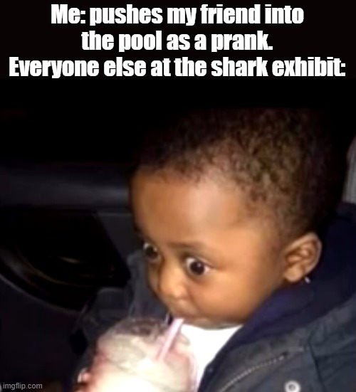 What did you just do? | Me: pushes my friend into the pool as a prank.
Everyone else at the shark exhibit: | image tagged in uh oh drinking kid | made w/ Imgflip meme maker