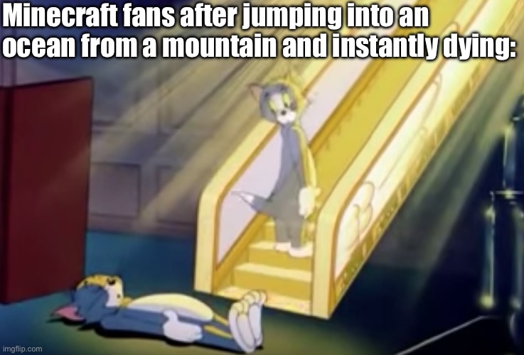 Heavenly Tom | Minecraft fans after jumping into an ocean from a mountain and instantly dying: | image tagged in heavenly tom,minecraft | made w/ Imgflip meme maker