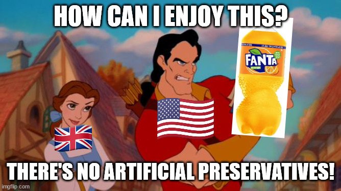 UK Fanta | HOW CAN I ENJOY THIS? THERE'S NO ARTIFICIAL PRESERVATIVES! | image tagged in gaston book | made w/ Imgflip meme maker