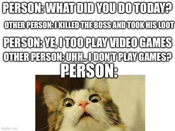 Hold up | PERSON: WHAT DID YOU DO TODAY? OTHER PERSON: I KILLED THE BOSS AND TOOK HIS LOOT; PERSON: YE, I TOO PLAY VIDEO GAMES; OTHER PERSON: UHH.. I DON’T PLAY GAMES? PERSON: | image tagged in hold up | made w/ Imgflip meme maker