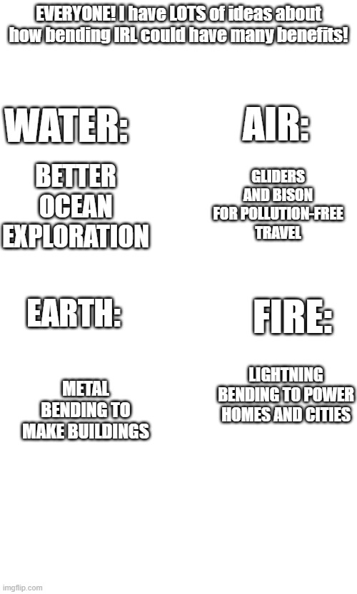 let me know your other ideas! | EVERYONE! I have LOTS of ideas about how bending IRL could have many benefits! WATER:; AIR:; BETTER OCEAN EXPLORATION; GLIDERS AND BISON FOR POLLUTION-FREE TRAVEL; FIRE:; EARTH:; LIGHTNING BENDING TO POWER HOMES AND CITIES; METAL BENDING TO MAKE BUILDINGS | image tagged in avatar the last airbender,bending,creativity | made w/ Imgflip meme maker