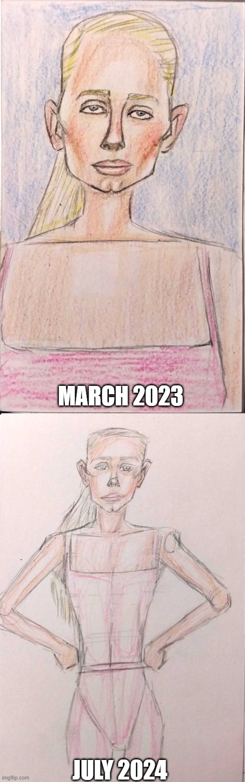 17 Month Improvement "Blonde Girl" | MARCH 2023; JULY 2024 | image tagged in art,drawing,improvement,colored pencils,blonde | made w/ Imgflip meme maker
